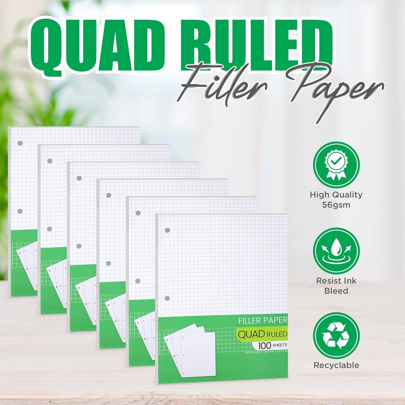 Manaloom Graph Paper, Filler Paper Loose leaf Graph Paper - 8” x 10.5" - Graph Ruled, 4x4 Quad Ruled Notebook Paper, 3 Hole Punched Loose leaf Papers for 3 Ring Binders - 100 Sheets per Pack (6 Pack) - Image 2